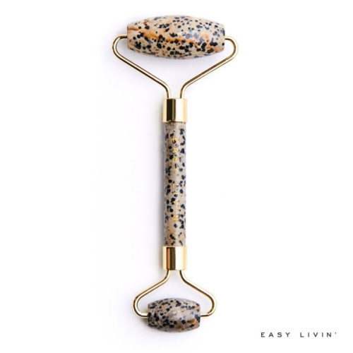 Zielono brązowy roller w czarne kropki Easy Livin do masażu twarzy z jaspisu dalmatyńskiego