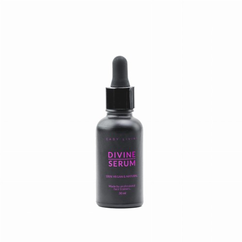 Butelka olejowego serum Divine do masażu twarzy w kolorze czarnym z różowymi napisami marki Easy Livin