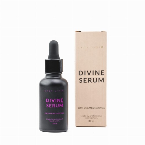 Butelka olejowego serum Divine do masażu twarzy w kolorze czarnym z różówymi napisami + opakowanie kartonowe w koloże beżowym z logo Easy Livin