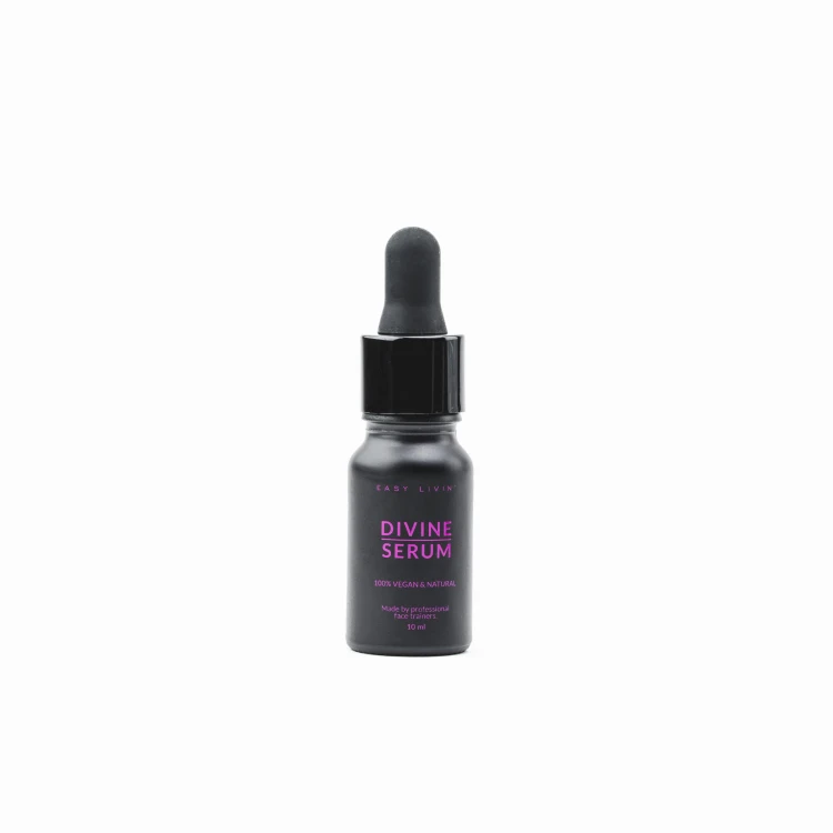 Butelka olejowego serum Divine do masażu twarzy w kolorze czarnym z różowymi napisami marki Easy Livin