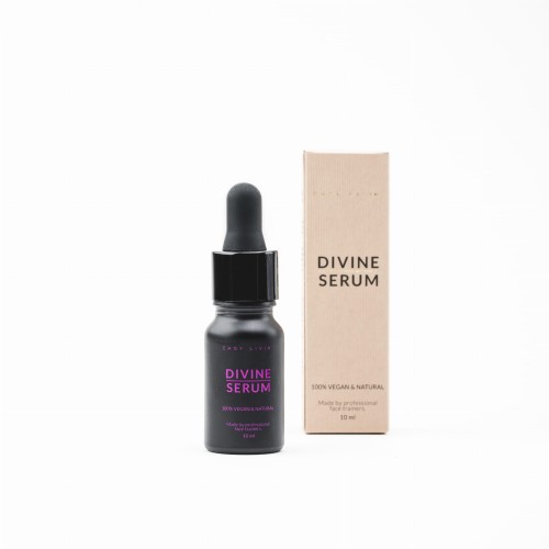 Butelka olejowego serum Divine do masażu twarzy w kolorze czarnym z różówymi napisami + opakowanie kartonowe w koloże beżowym z logo Easy Livin