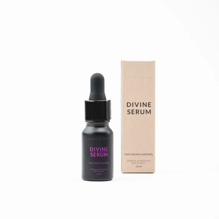 Butelka olejowego serum Divine do masażu twarzy w kolorze czarnym z różówymi napisami + opakowanie kartonowe w koloże beżowym z logo Easy Livin