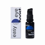 Butelka kremu na okolice oczu EASY EYE BOOST w kolorze czarnym z białymi napisami marki Easy Livin , oraz pudełko na krem w kolorze białym z czarnymi napisami i kolorowymi grafikami