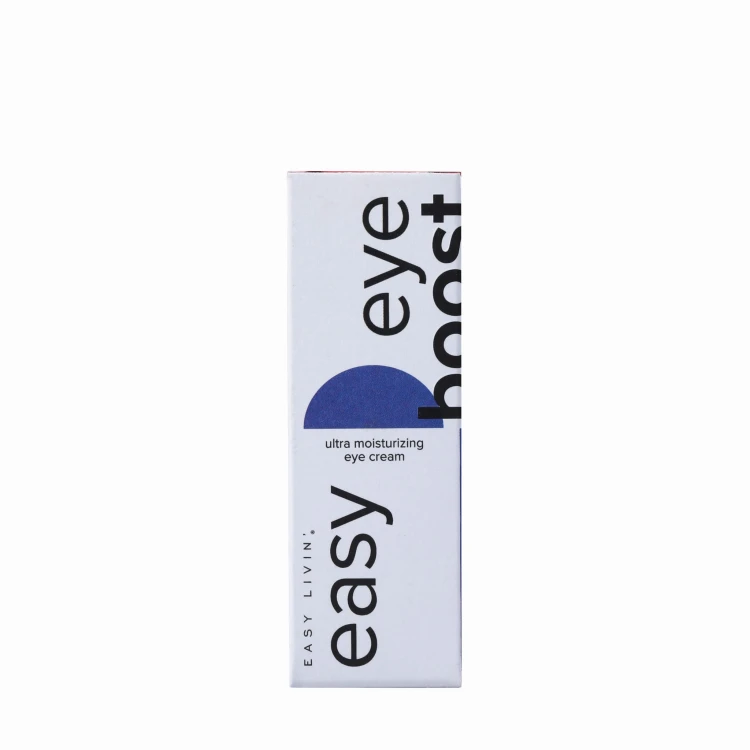 Pudełko kremu na okolice oczu EASY EYE BOOST marki Easy Livin , w kolorze białym z czarnymi napisami i kolorowymi grafikami